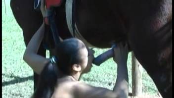 Latina with a ponytail kneels down to blow a horse's dick
