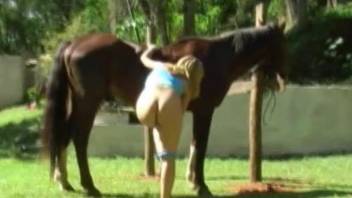 Blonde tickles pussy in front of beautiful horse