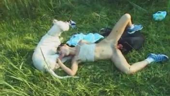 Promiscuous blond woman being roughly screwed by a dog