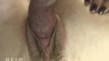 Masturbating babe getting screwed by a dirty beast