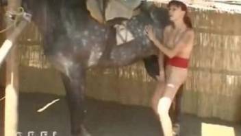 Babe with red hair is happy with giant cock of horse in twat
