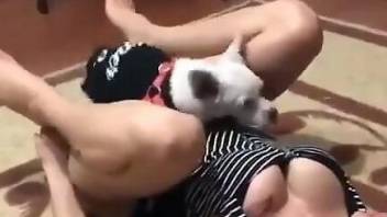 Inked gal wraps her legs around a sexy doggo