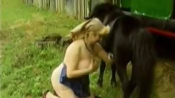 Oral sex from a stunning blonde who looks amazing while stroking