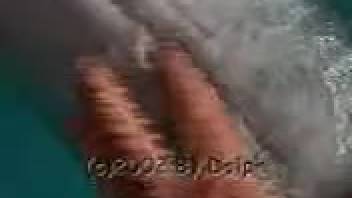 Fearless perverted animal enthusiast inserts finger into dolphin's orifice